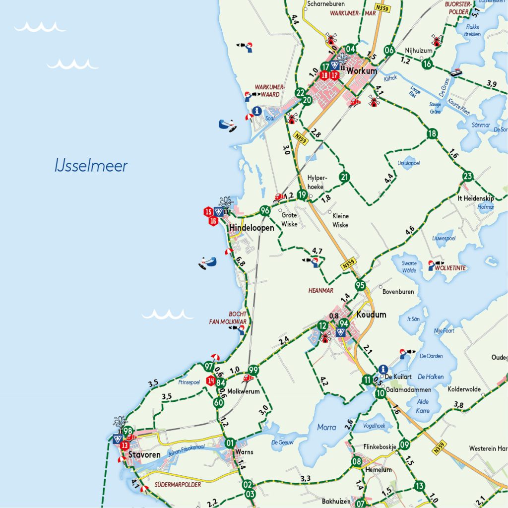 Uitsnede fietskaart met knooppunten Waterland van Friesland - Reijers Cartografie